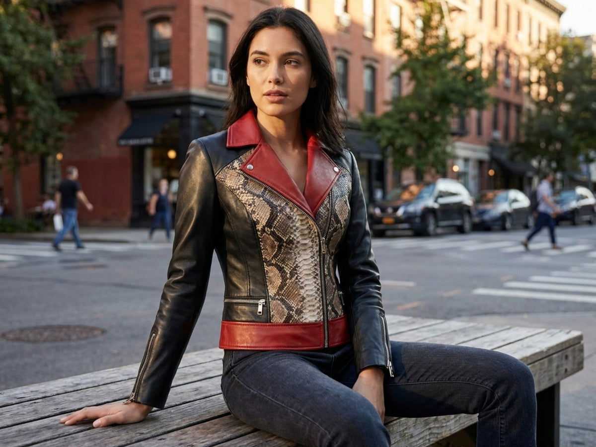 Genuine Python Snakeskin Lambskin Biker Leather Jacket: Red Accents