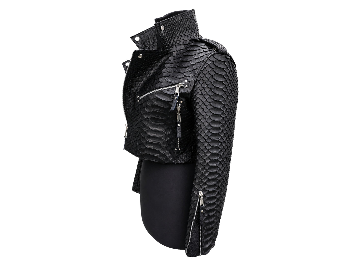 Black textured real snakeskin moto jacket with silver zippers, displayed on a black mannequin torso against a white background.