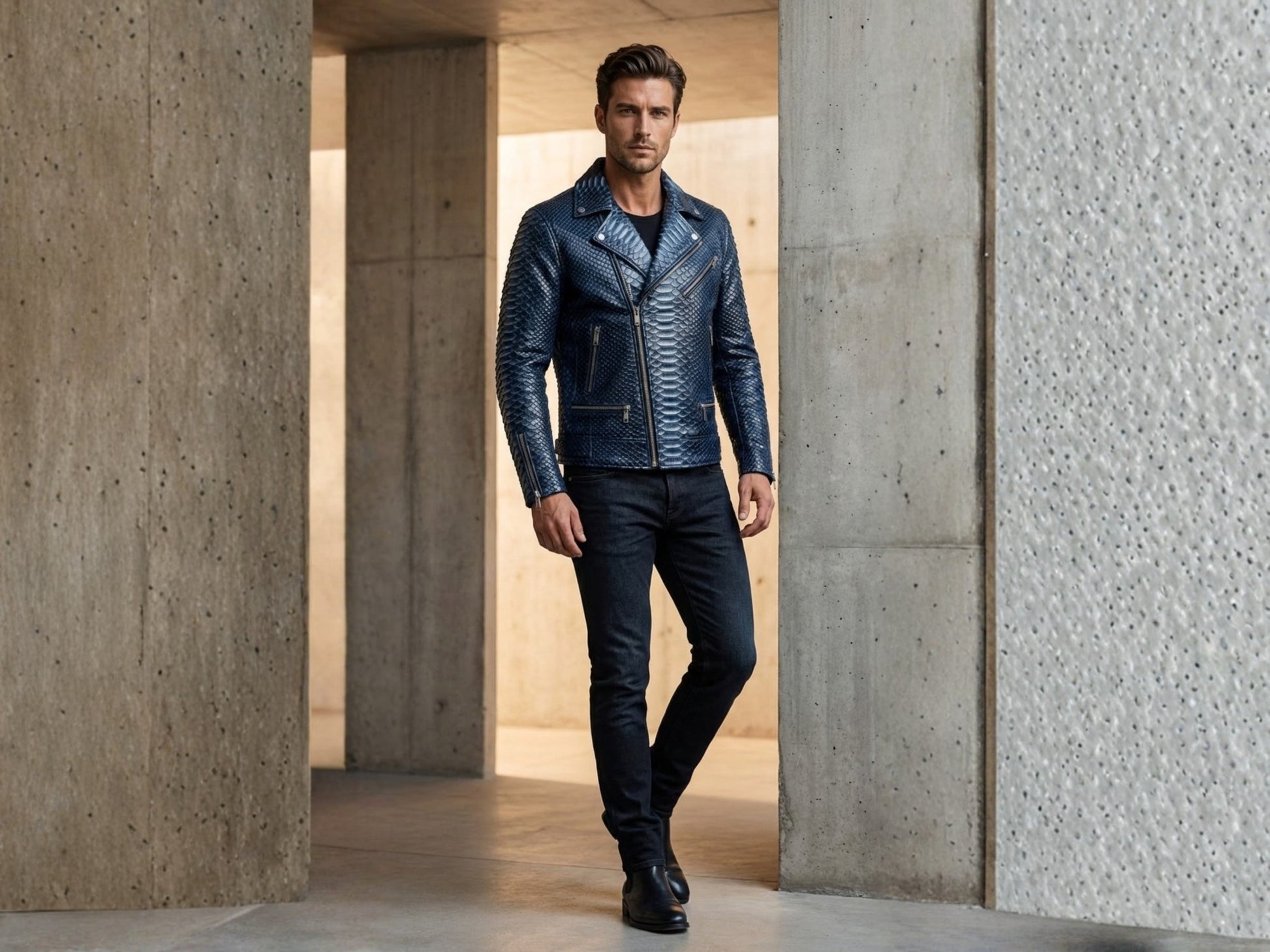 Genuine Python Snakeskin Biker Jacket: Blue Exotic Leather Motorcycle Jacket