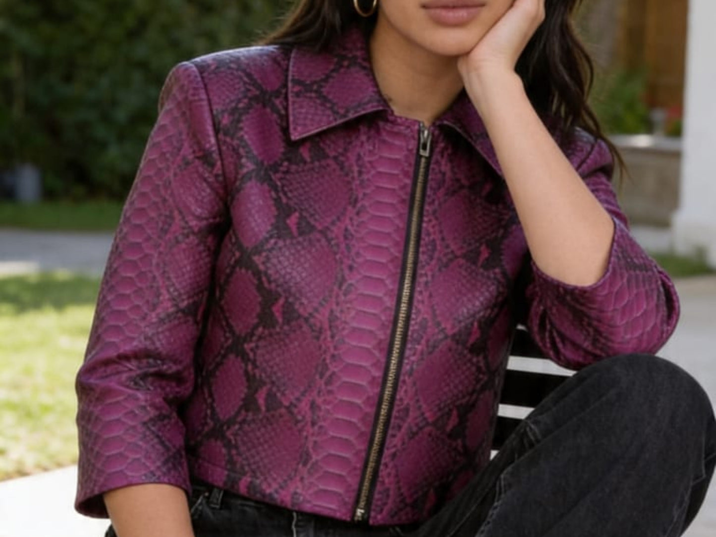 women magenta snakeskin jacket full body outfit styling black jeans
