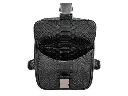 Black textured python leather shoulder bag shown open against a plain white background, featuring a silver-toned metal clasp and a top handle.