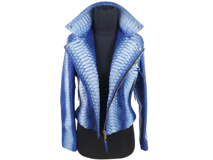 Handmade Blue Python Snakeskin Biker Jacket – Exotic Leather Moto Coat