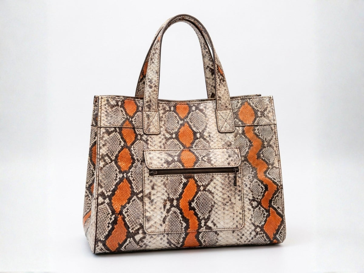 Genuine Python Snakeskin Tote Bag: Multi Orange Exotic Leather Skin