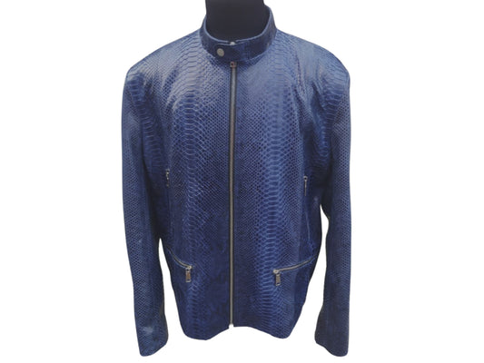 Snakeskin Leather Jacket Front Pockets Round Collar