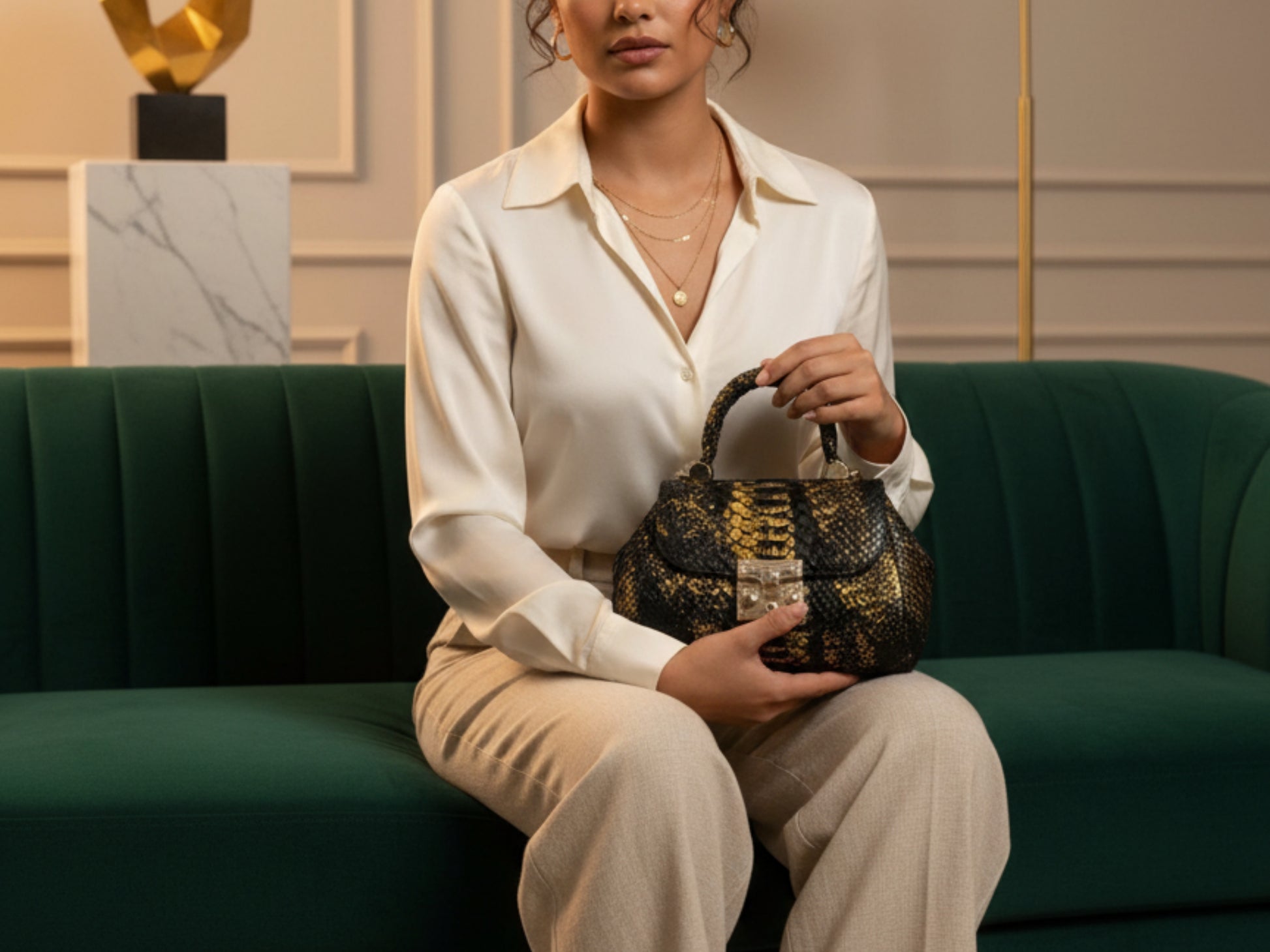 Luxury Genuine Python Snakeskin Handbag: Black & Gold Designer Purse