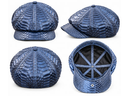 A navy blue python-textured flat cap shown from four angles: front, side, back, and interior. The cap features a glossy, scaled reptile pattern with a structured crown and curved brim, photographed on a clean white background.