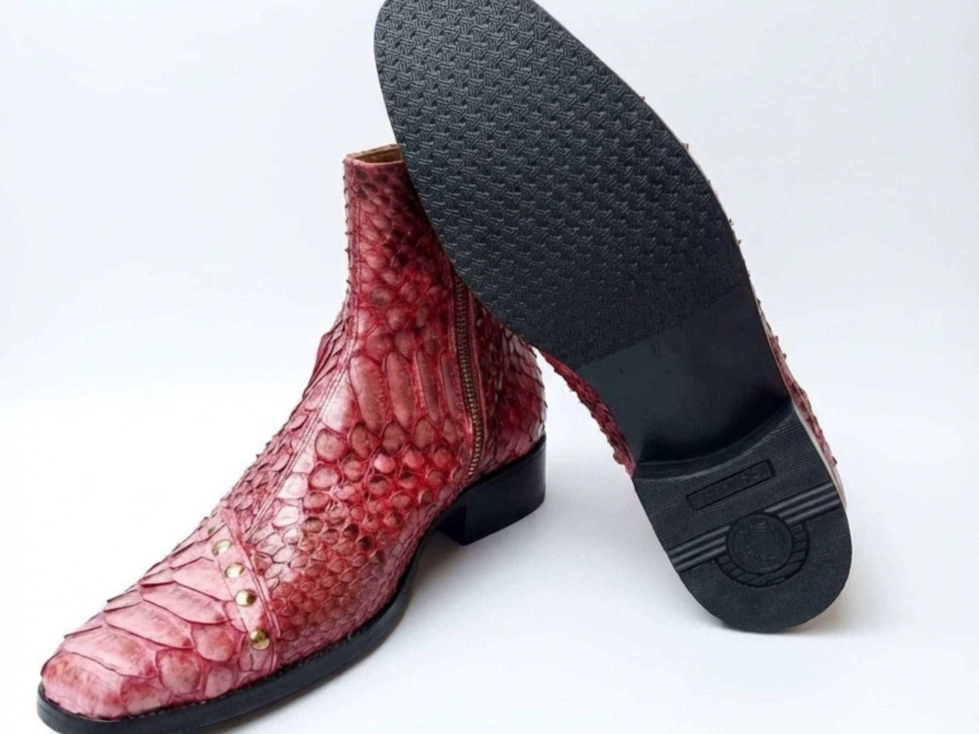 Genuine Python Snakeskin Boots | Unisex Exotic Leather Ankle Boots with Buckle & Stud Design