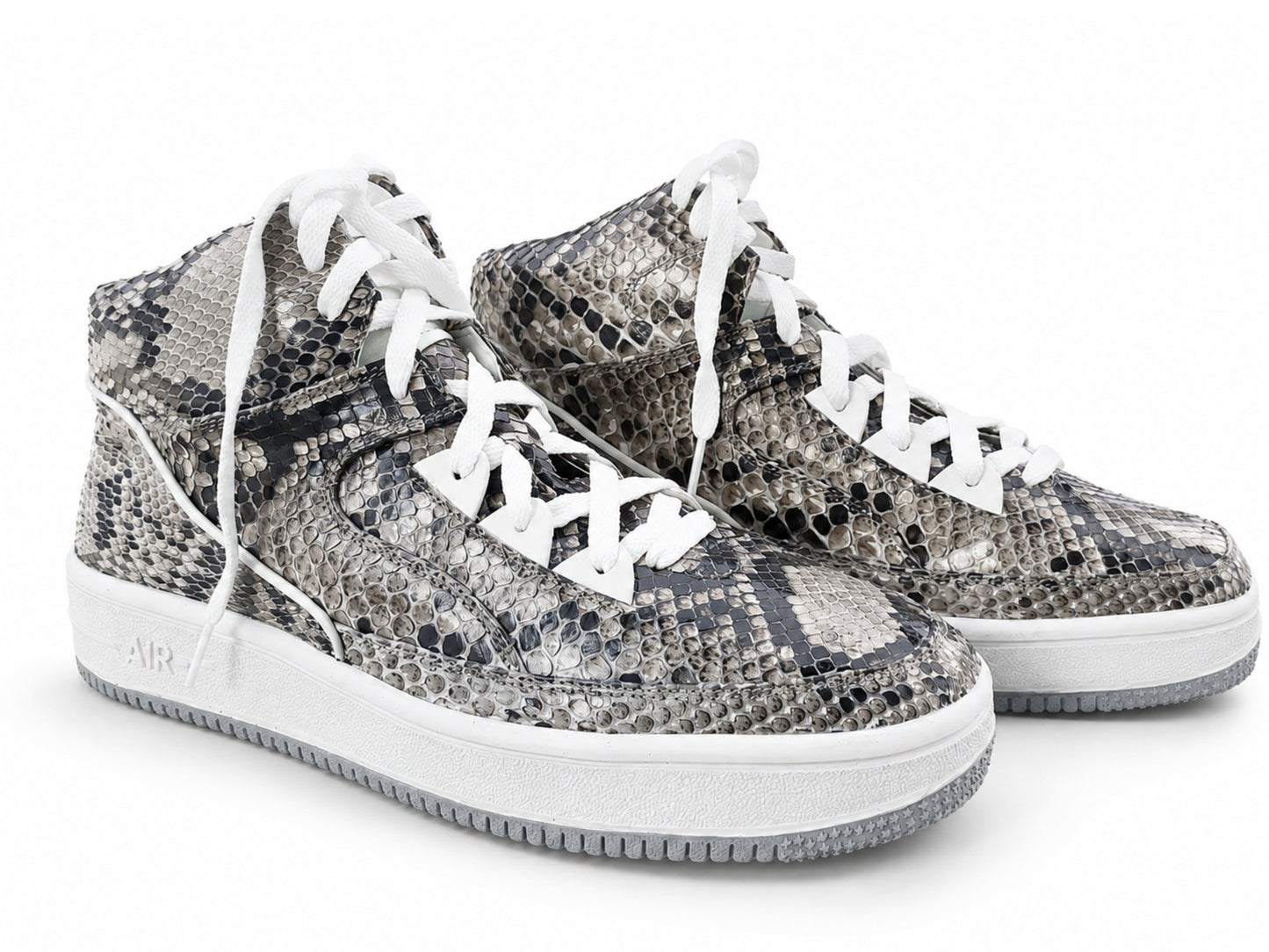 Natural Gray Python Snakeskin Leather High-Top Sneakers
