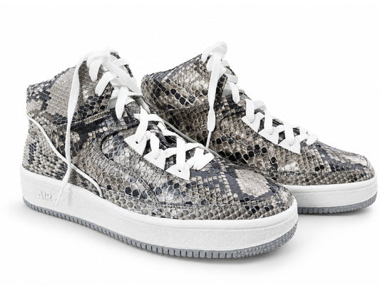Natural Gray Python Snakeskin Leather High-Top Sneakers