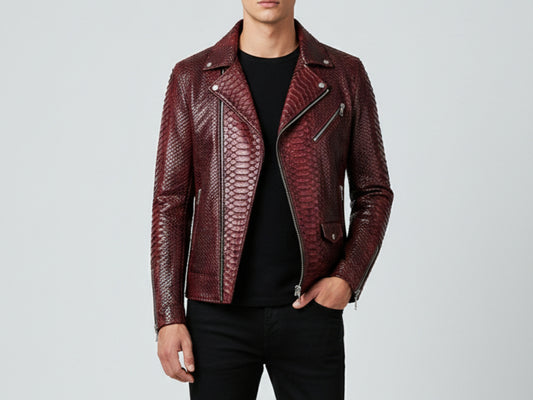 Genuine Python Snakeskin Leather Biker Jacket: Luxury Burgundy Exotic Motorcycle Jacket for Men