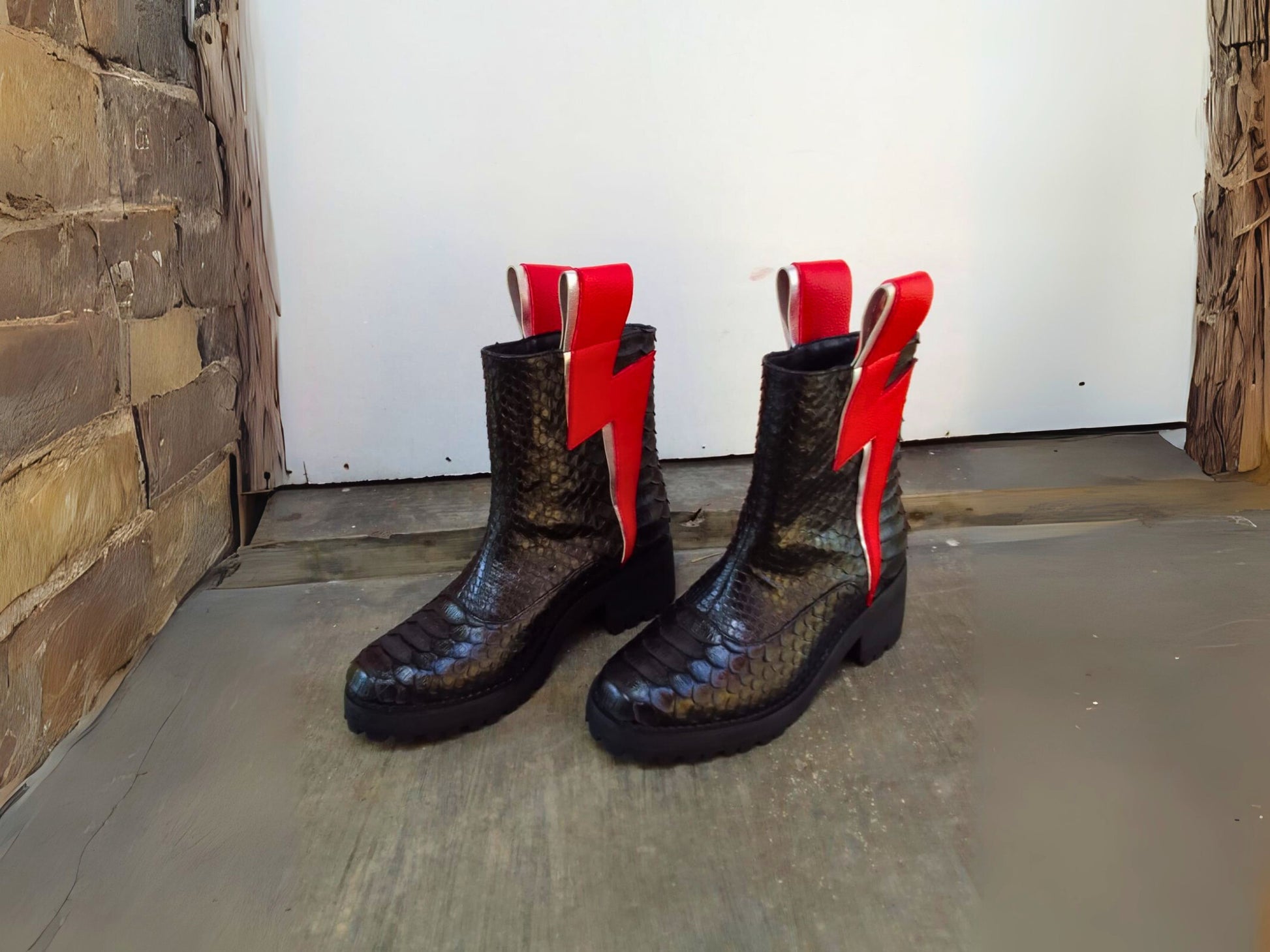 Genuine Python Snakeskin Boots with Red Lightning Bolt
