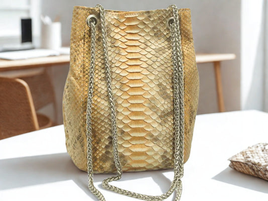 Real Snakeskin Drawstring Bag - gold