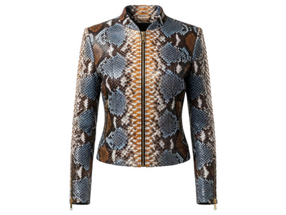 Exotic Blue Brown Python Snakeskin Leather Jacket