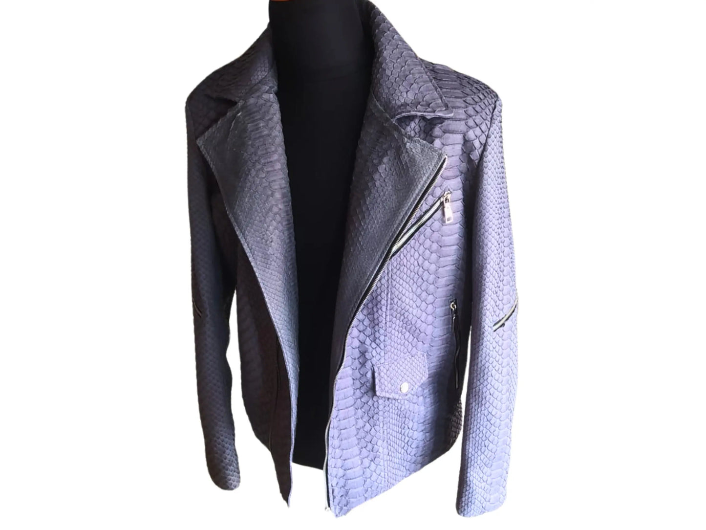 side view of Amethyst Smoke Snakeskin Leather Jacket