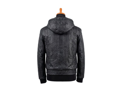 Genuine Python Snakeskin Hoodie Bomber Jacket | Black Nubuck Matte Leather