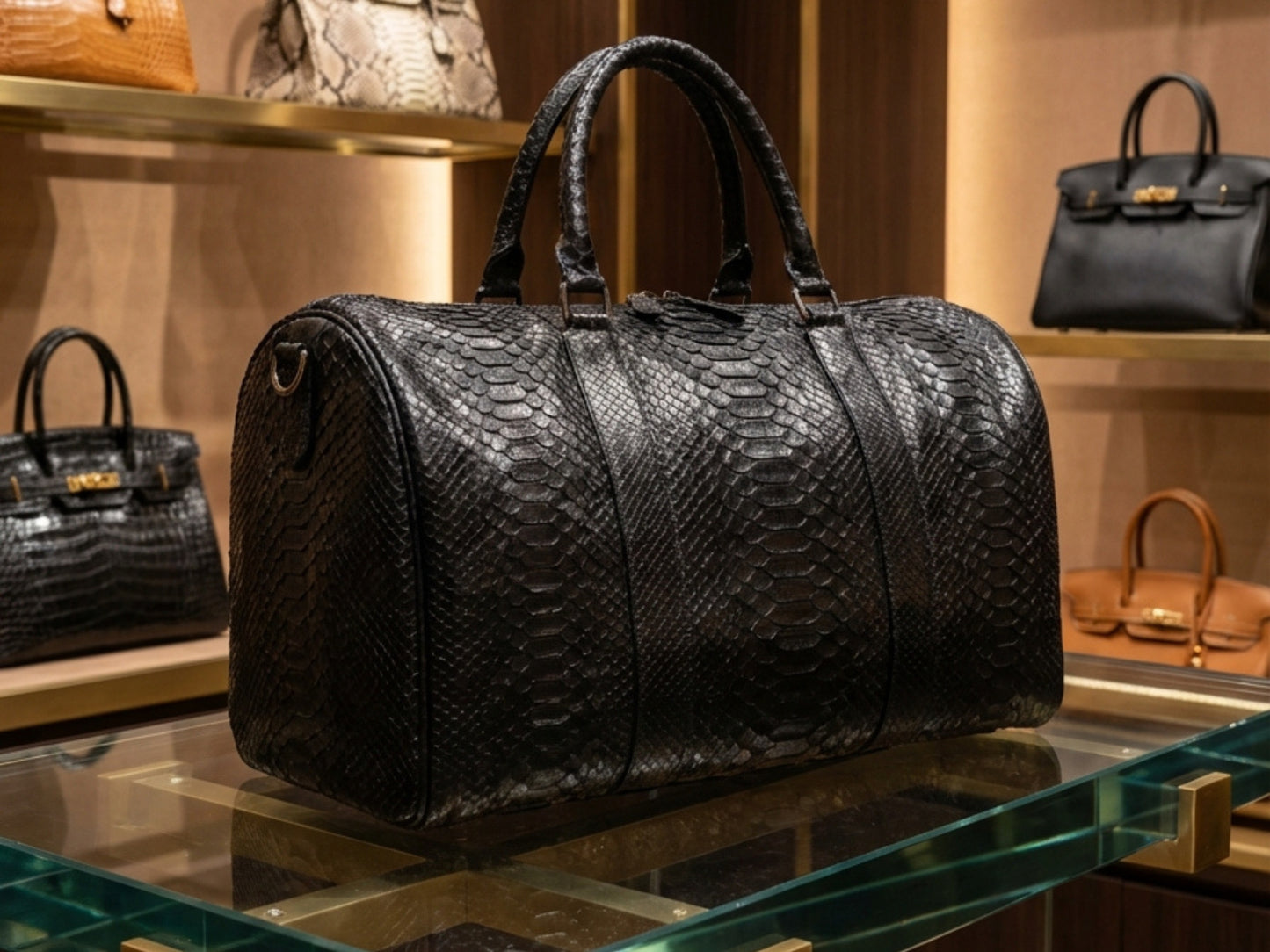 Luxury Genuine Python Snakeskin Leather Black Travel Weekender Bag