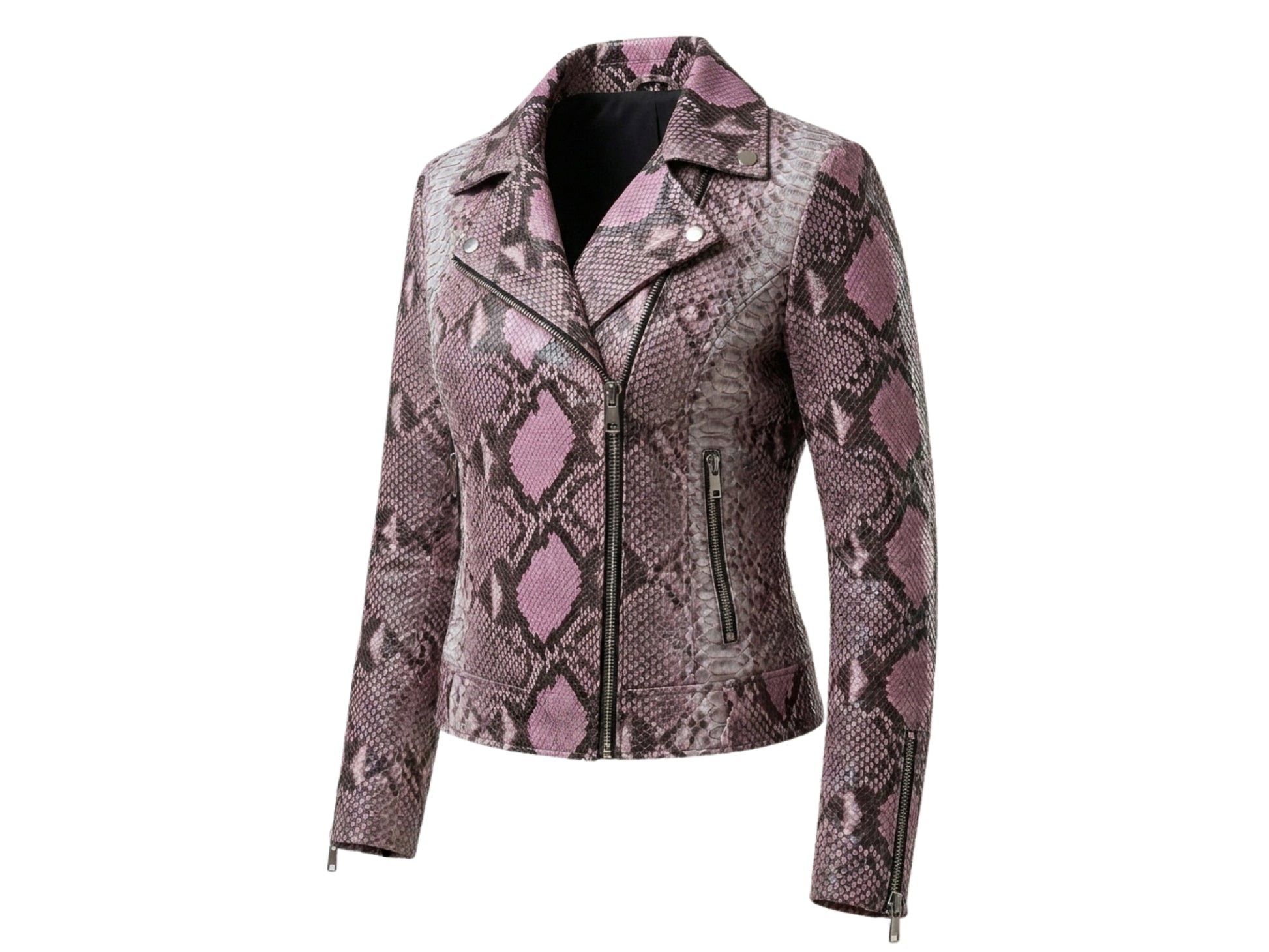 Angled front view of pink python snakeskin leather moto jacket isolated on light background