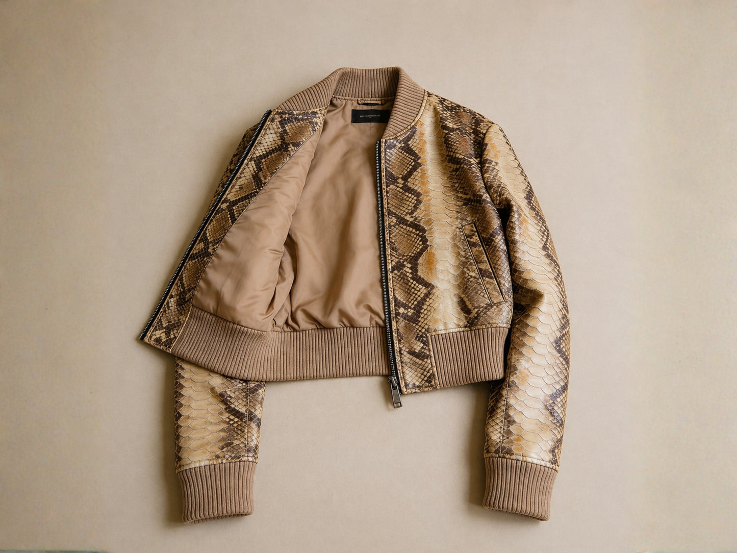 Brown Python Snakeskin Cropped Bomber Jacket