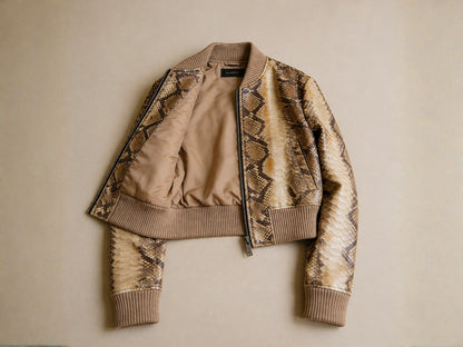 Brown Python Snakeskin Cropped Bomber Jacket