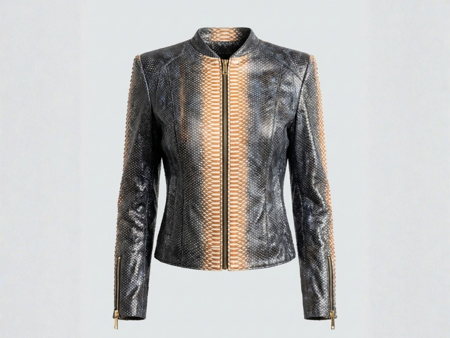 Black leather jacket with gold zipper on a light gray background