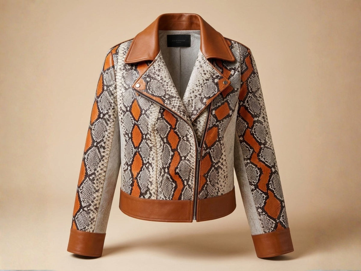 Python Snakeskin Biker Leather Jacket: Multi-Color Orange