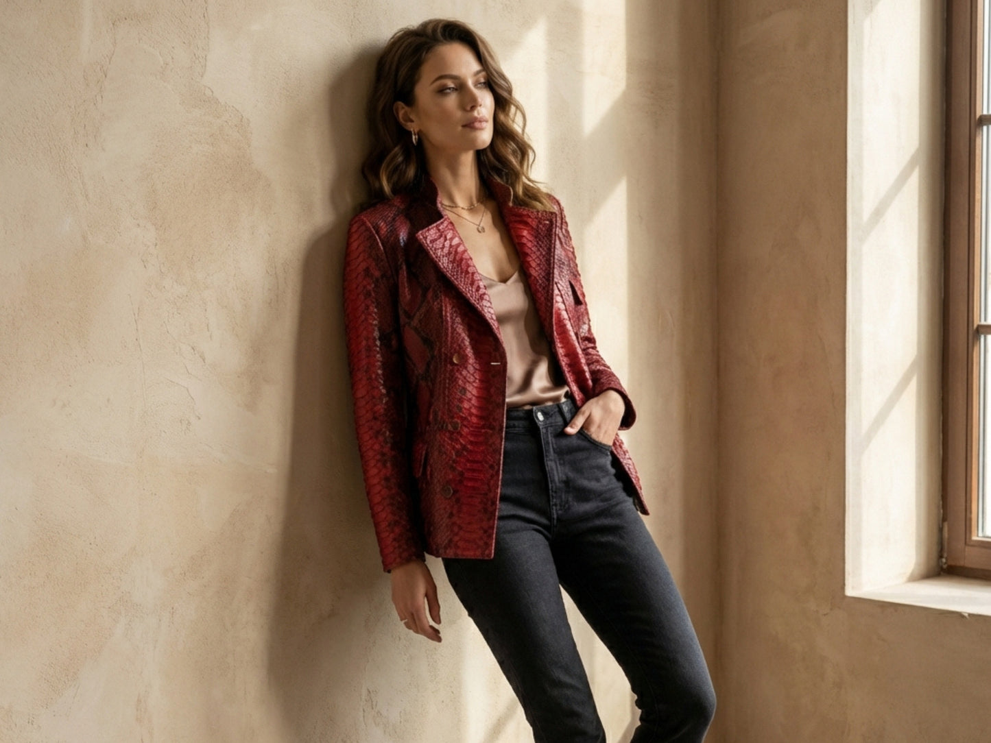 Red Python Snakeskin Mandarin Collar Jacket