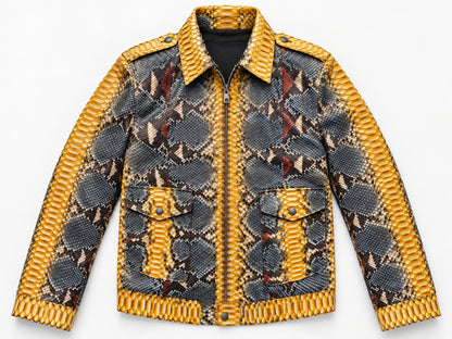 Front view of a men's python snakeskin leather jacket featuring mustard gold panels, charcoal geometric markings, pointed collar, long sleeves, and two flap pockets on a white background.