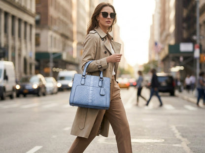 Light Blue Python Snakeskin Leather Satchel Tote