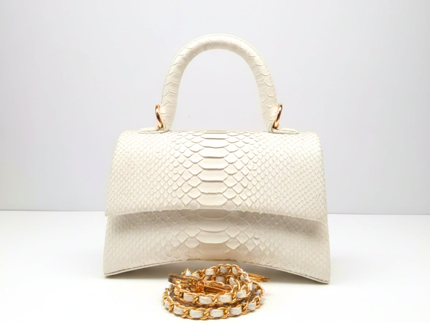Genuine Python Leather Top Handle Bag with Gold Chain Strap: Elegant Designer Handbag