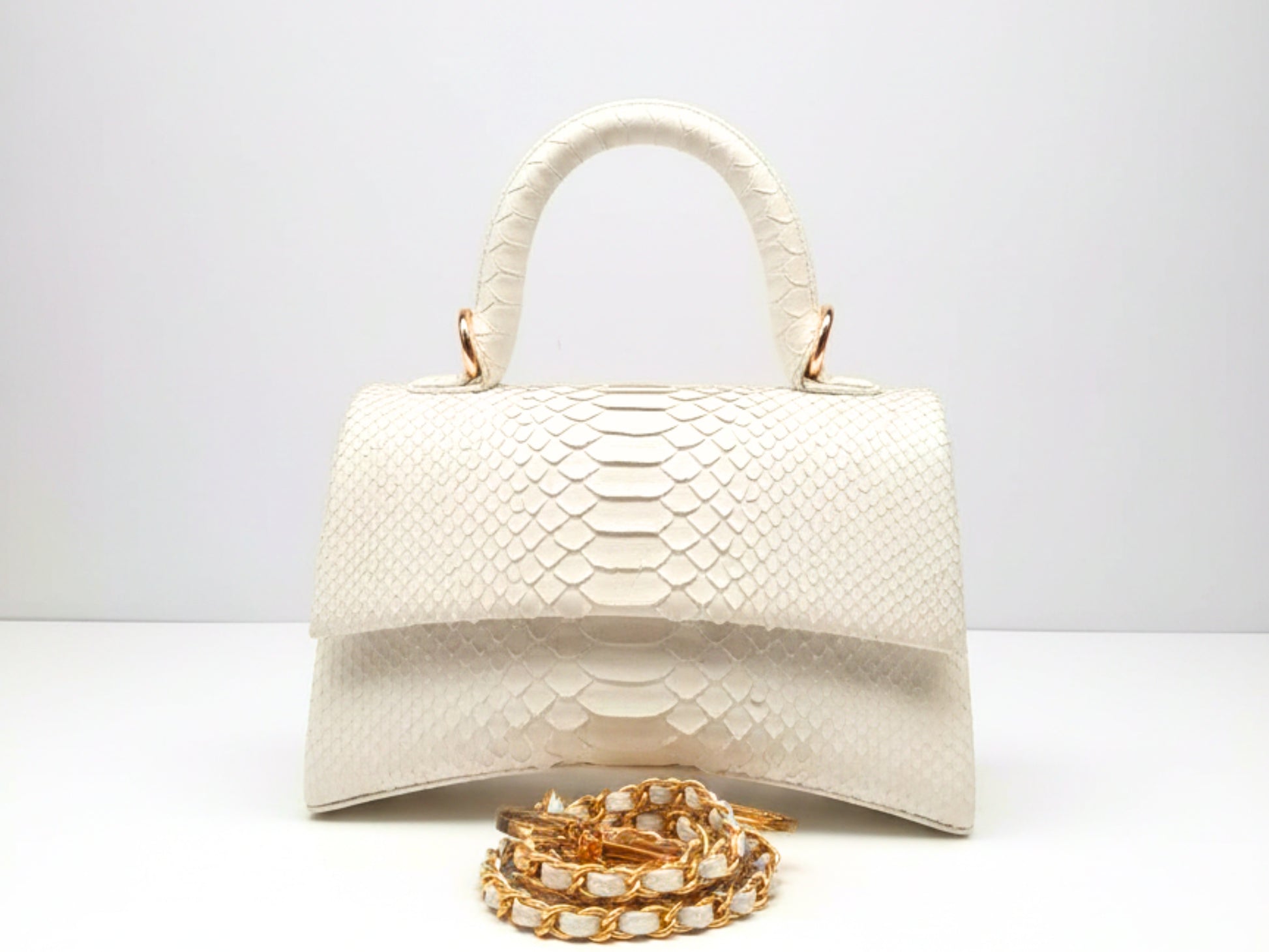 Genuine Python Leather Top Handle Bag with Gold Chain Strap: Elegant Designer Handbag