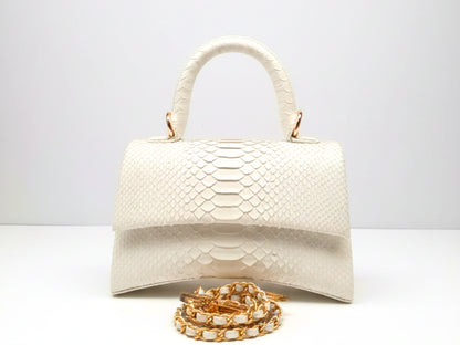 Genuine Python Leather Top Handle Bag with Gold Chain Strap: Elegant Designer Handbag