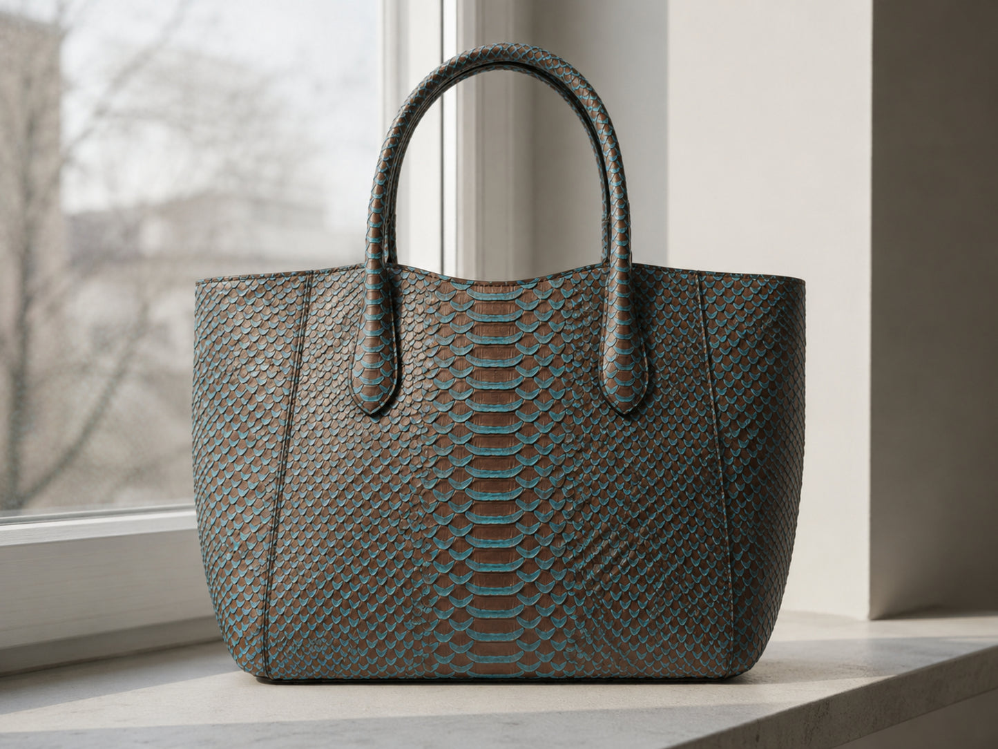 Aqua Brown Python Snakeskin Tote Leather Bag