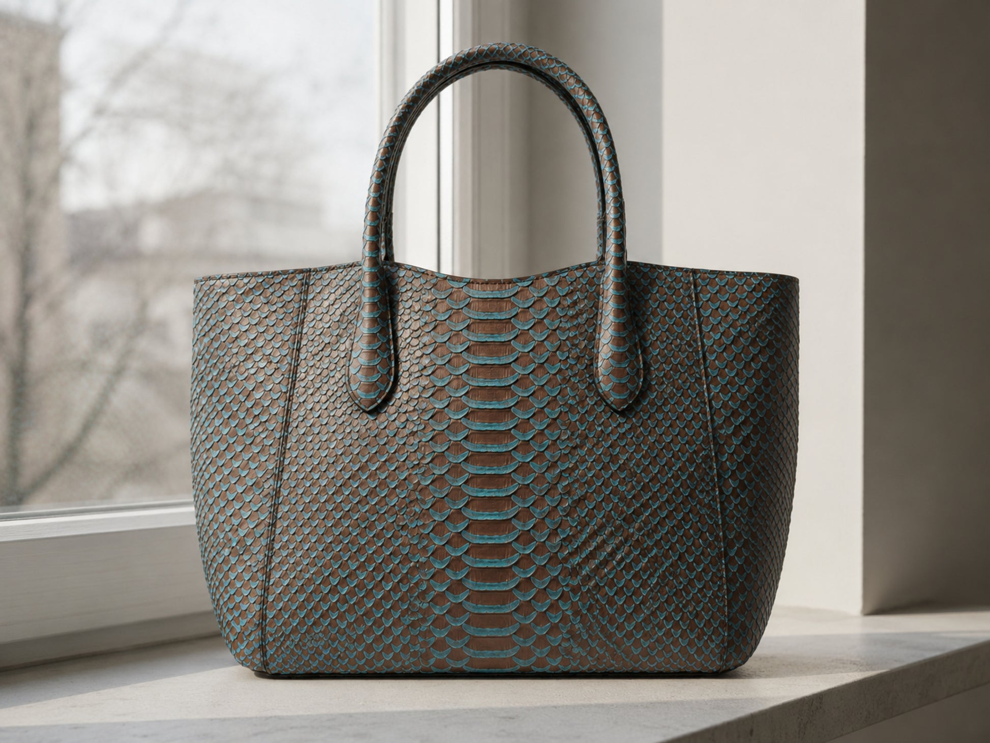 Aqua Brown Python Snakeskin Tote Leather Bag