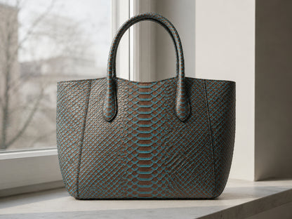 Aqua Brown Python Snakeskin Tote Leather Bag