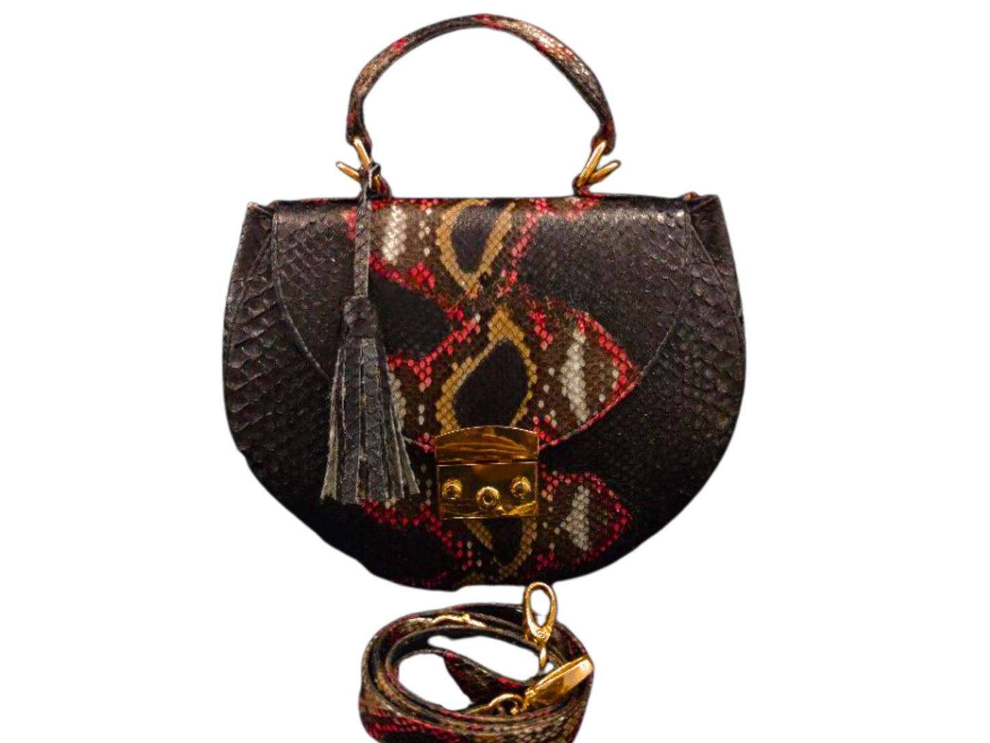 Oval Snakeskin Satchel Handbag - Multi Color Black