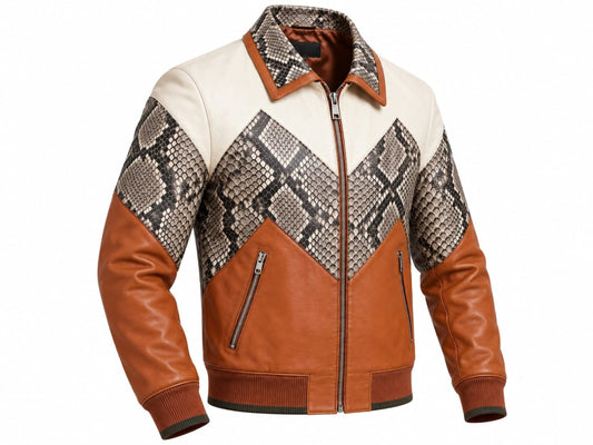 Men's Bomber Jacket | Genuine Python Snakeskin | Lambskin Leather | Cream Brown