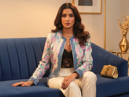 Tie Dye Python Snakeskin Leather Jacket: Genuine Exotic Leather Cropped Blazer with Blue Trim