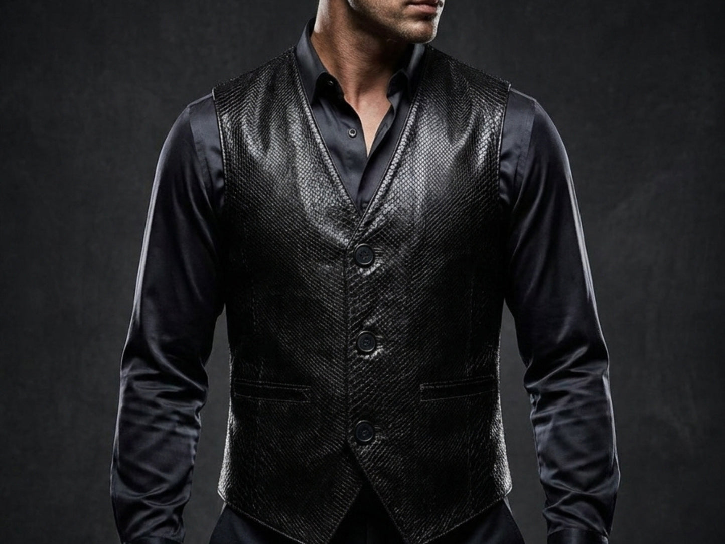 Genuine Python Snakeskin Leather Vest: Black Waistcoat