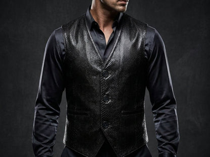 Genuine Python Snakeskin Leather Vest: Black Waistcoat