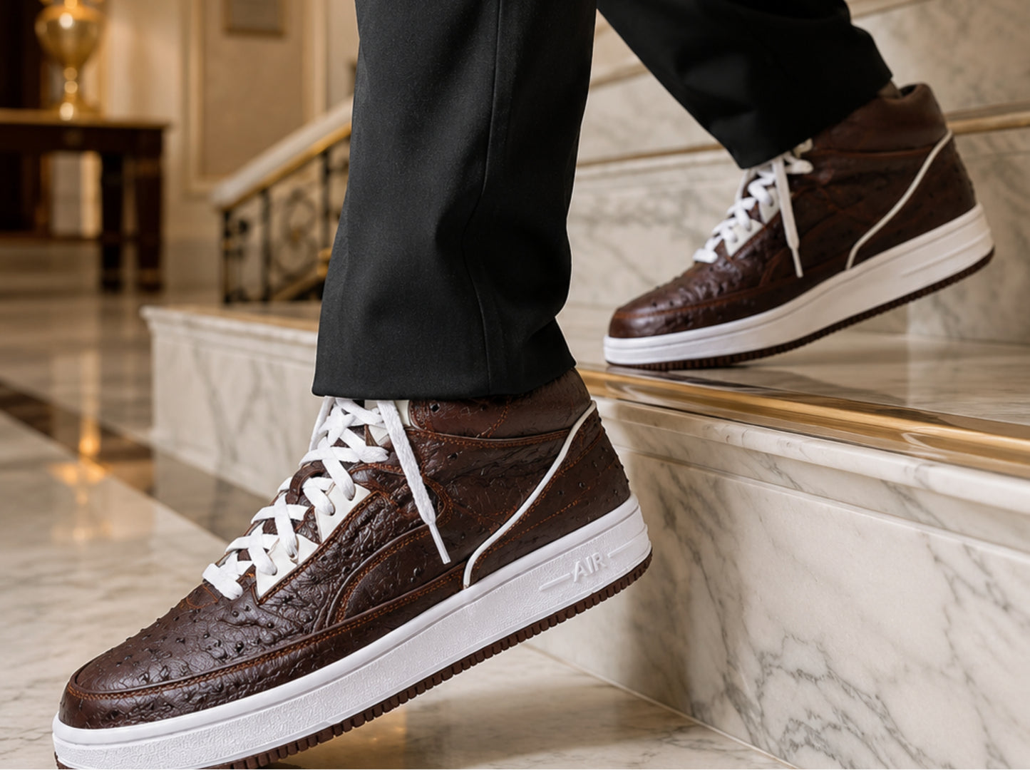 Brown Ostrich Skin Leather High-Top Sneakers