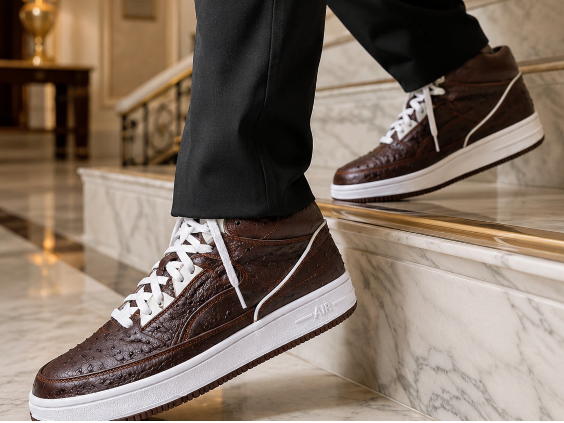Brown Ostrich Skin Leather High-Top Sneakers