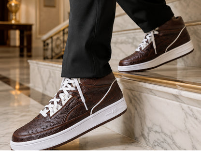 Brown Ostrich Skin Leather High-Top Sneakers