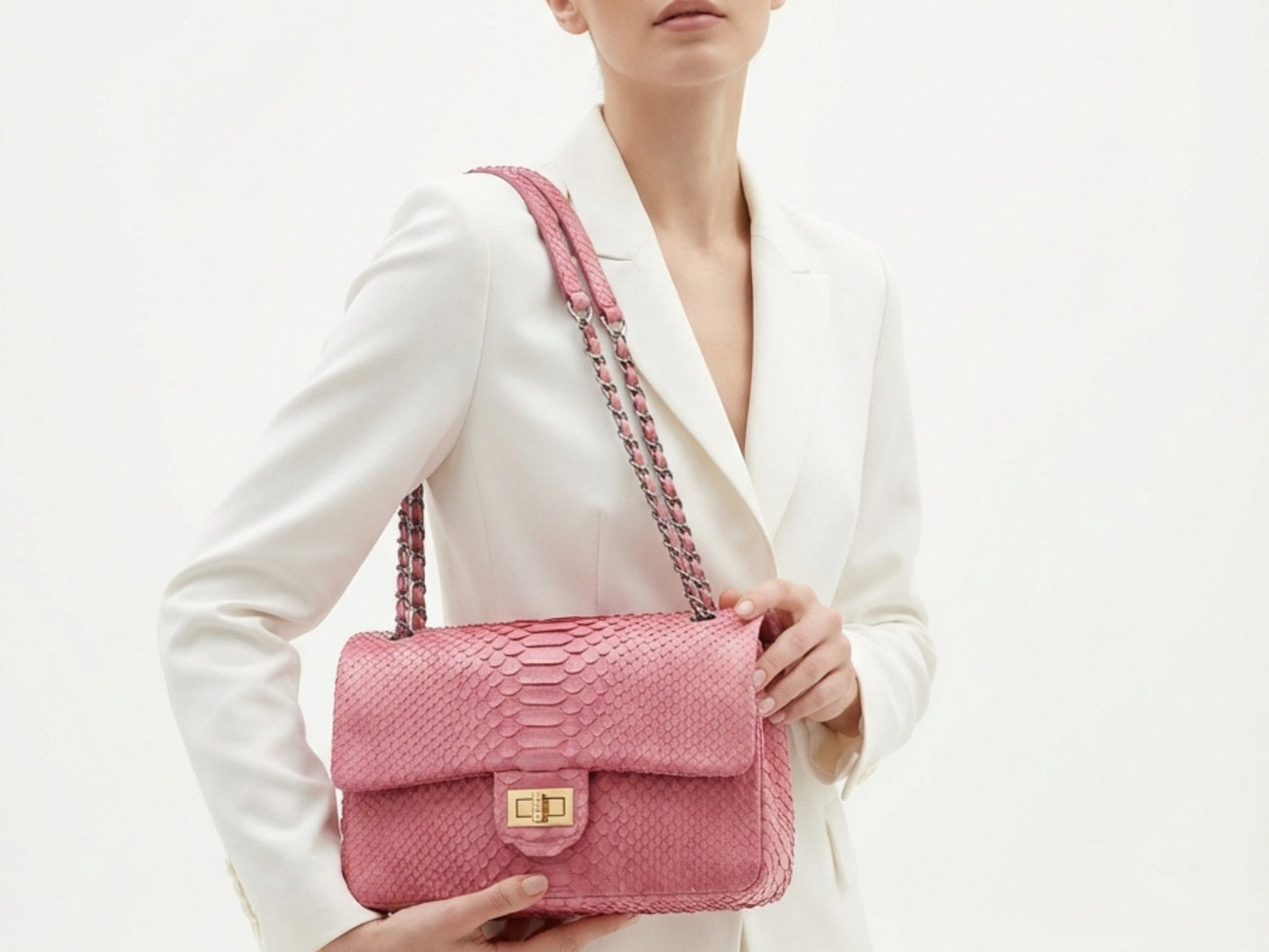 Pink Snakeskin Chain Strap Purse | Genuine Python Shoulder Leather Bag