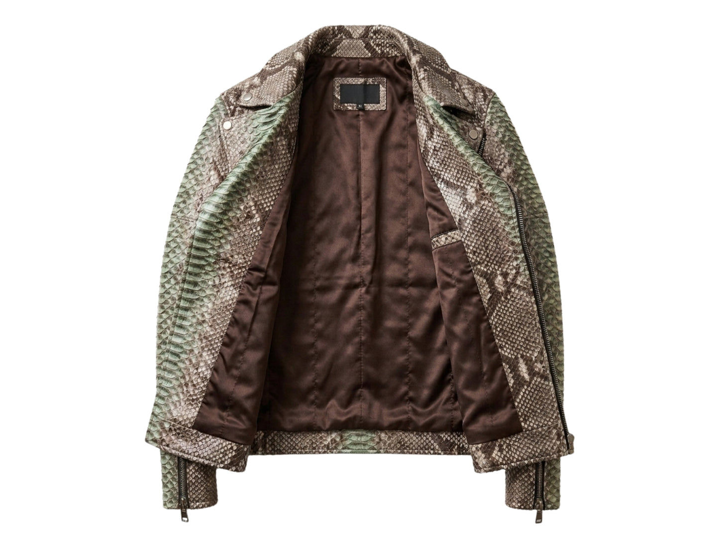 Genuine Python Snakeskin Leather Biker Jacket: Natural Gray with Green Gradation