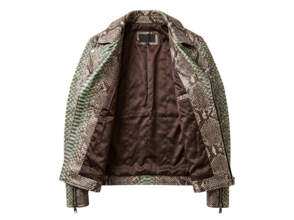 Genuine Python Snakeskin Leather Biker Jacket: Natural Gray with Green Gradation