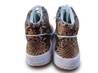 Brown Python Snakeskin Leather High-Top Sneakers