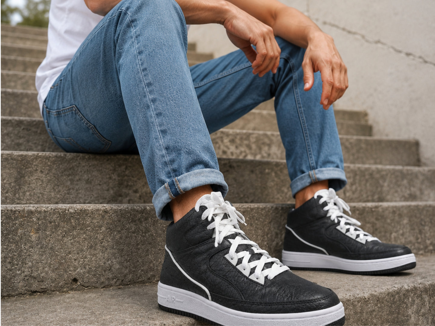 Black Ostrich Skin Leather High-Top Sneakers