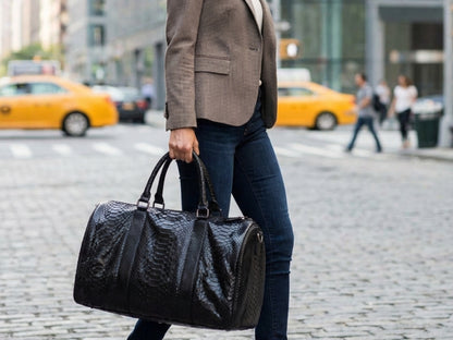 Luxury Genuine Python Snakeskin Leather Black Travel Weekender Bag