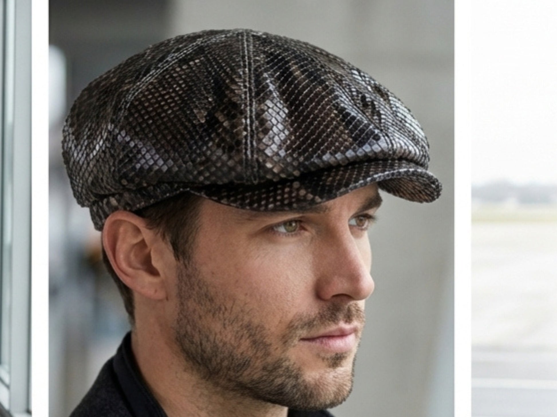 Black Snakeskin Leather Newsboy Caps
