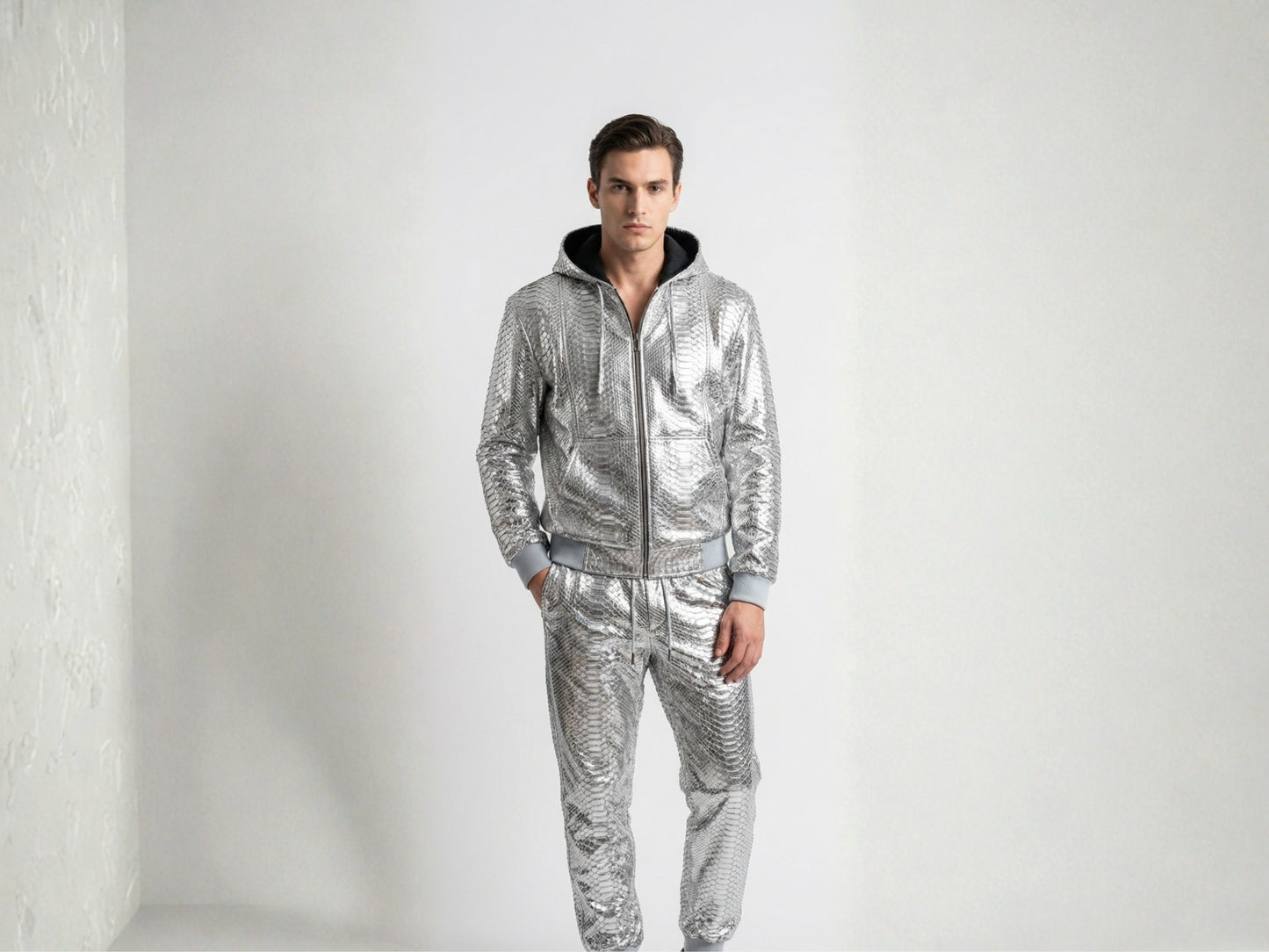 Handmade Metallic Silver Python Snakeskin Tracksuit | Exotic Leather Bomber & Jogger Set